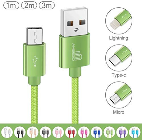 ameego [3Pack 1m+2m+3m] High Speed Strong Nylon Braided Tangle-Free 3.1A Micro USB Data Charge Cable for Samsung, HTC, Nokia, Sony, Kindle, PS3, Speaker, Power bank and More Micro USB Devices (Green)