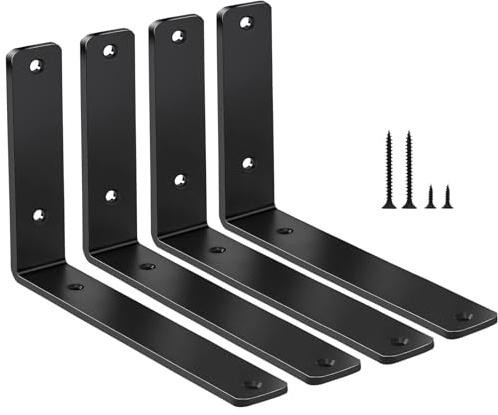 4 Pack - L 6 x H 4 x W1.5, 5mm Thick Black L Shelf Bracket, Iron Shelf Brackets, Metal Shelf Brackets, Floating Shelf, Shelf Supports with Screws