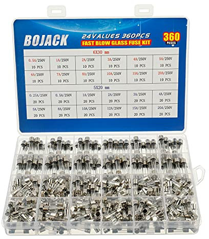 BOJACK 24 Valores 360 piezas Juego de surtido de fusibles de vidrio de fusión rápida 250V 5x20mm 6x30mm 0.25 0.5 1 2 3 4 5 6 7 8 10 15 20A paquete en una caja de plástico transparente