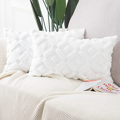 Madizz 2er Set Sanft Plüsch Kurze Wolle Samt Dekorativ Zierkissenbezüge Luxus Stil Kissenbezug für Sofa für Schlafzimmer Weiß 30x50 cm Rechteckigig