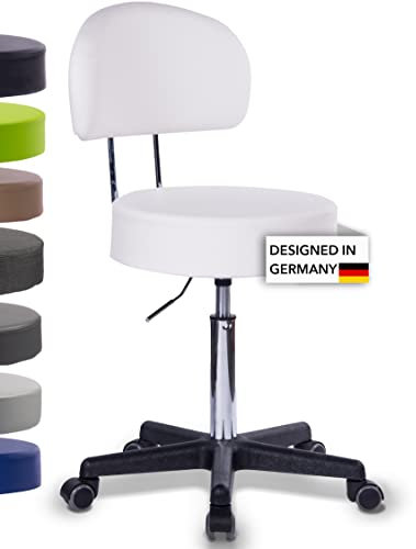 1stuff Rollhocker Squash 40 mit Rückenlehne BIGBACK - ca. 51-71 cm Sitzhöhe - Drehhocker - Praxis-Hocker mit 40 cm breitem Sitz - Küchen-Hocker mit Rollen - Bürohocker Weiß