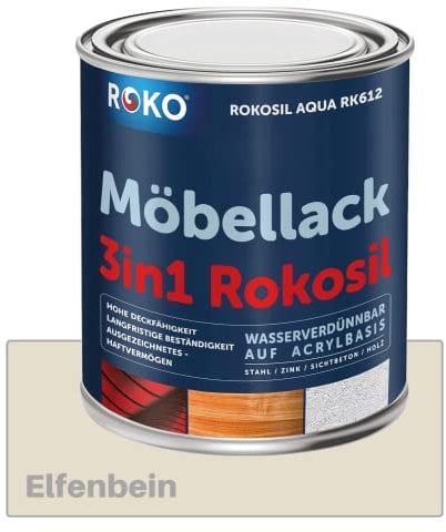 ROKO Möbellack - 0,7 Kg - Elfenbein - 3in1 Möbelfarbe auf Wasserbasis - Seidenmatt - Für Holz, Metall & Kunststoff