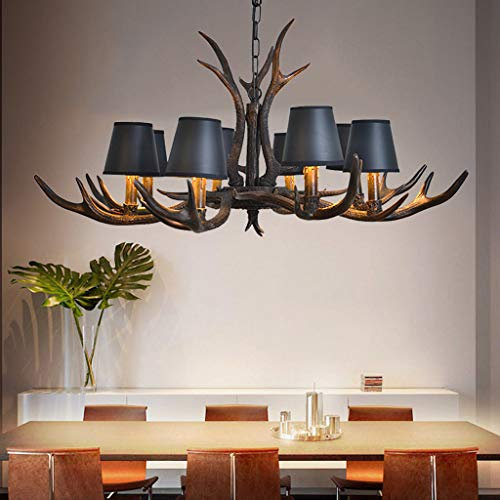 Vintage Pendelleuchte American Ländliche Kronleuchter Resin Geweihe Hängeleuchte Esstischlamp Schwarzer Lampenschirm E14 Leuchte Retro Deckenlampe Bar Wohnzimmer Cafe Esszimmer Hängelampe,8 heads