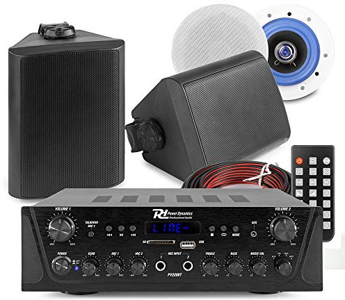 Power Dynamics 2-Zone Bluetooth Ceiling & Wall Speaker System with PV220BT Amplifier, Indoor/Outdoor Home & Garden Multi-Room Audio Speakers, ESCS6 & BGO50 (Set of 4)