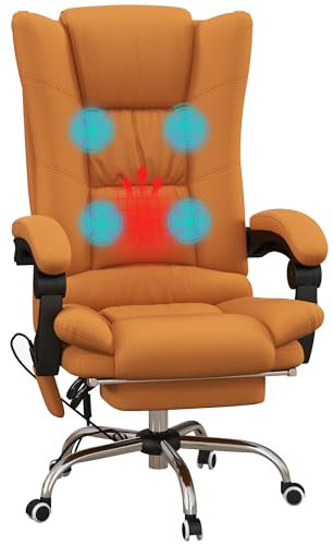 Vinsetto Bürostuhl mit Vibrationsmassage Ergonomischer Chefsessel mit Lendenwärmer, Liegefunktion, Fußstütze, Höhenverstellbar Schreibtischstuhl aus Kunstleder, Drehstuhl mit Seitentasche, Hellbraun