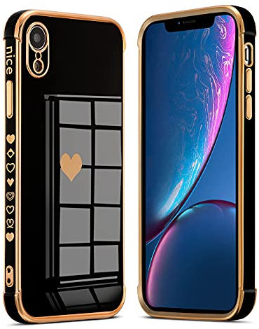 DEFBSC Case for iPhone XR, Fashion Cute Side Love Heart Plating Edge Phone Case, Shockproof Soft TPU Back Cover Protective Case with Heart Pattern for iPhone XR - Black/Side Heart