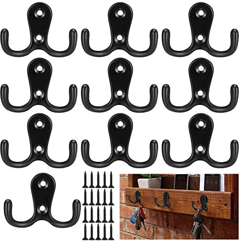 XKQYX 10 Stück Kleiderhaken Wandmontiert, Doppelhaken Garderobenhaken, Wandbehang Kleiderhaken mit Schrauben für Mantel, Schal, Tasche, Handtuch, Schlüssel, Mütze, Tasse, Hut - Schwarz