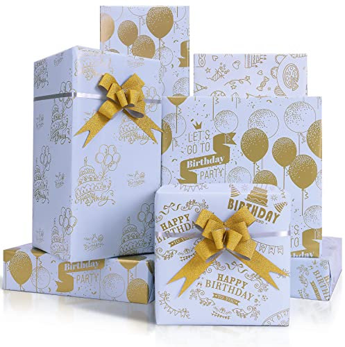 Larcenciel Geschenkpapier 4 Blatt, Glänzendes Metallisches Geburtstags-Geschenkpapier mit Geschenk Schleife, Hellblaue Graffiti Gefaltetes Papier, Geschenkverpackung für Party, DIY Craft (70 x 50 cm)