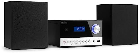 Audizio Toulon Radio Bluetooth Stéréo 50W - Noir, Lecteur CD, Lecteur MP3, Radio FM, Prise Casque, Écran LCD, Idéal pour Écouter Vos Musiques Favorites et comme Réveil chez Vous