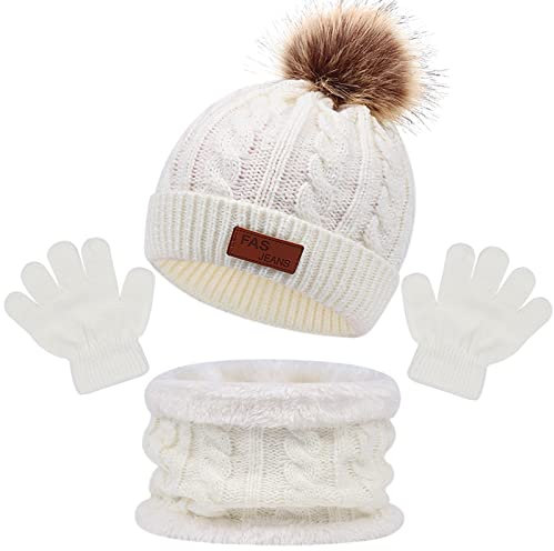 3in1 Winter Beanie Set - Mütze, Schal, Handschuhe für Kinder und Baby, Warme Wintermütze für Mädchen und Jungen 1-5 Jahre Alt (Weiß)