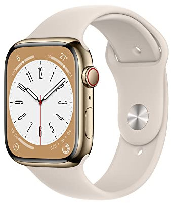 Apple Watch Series 8 (GPS + Cellular, 45mm) Smartwatch con cassa in acciaio inossidabile color oro con Cinturino Sport color galassia - Regular. Fitness tracker, app Livelli O₂, resistente all’acqua