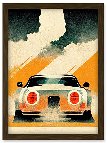 Doppelganger33 LTD Japanese Sports Car Vintage Vector Yellow Silver Black Artwork Framed Wall Art Print A4