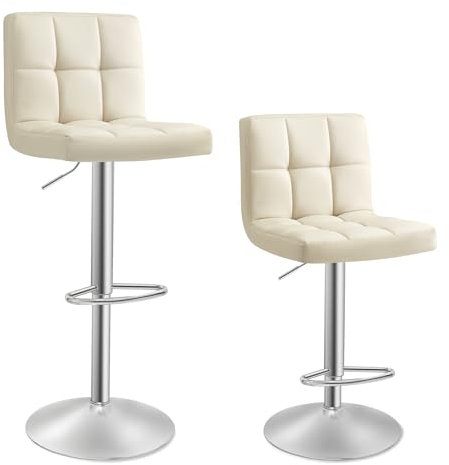 SONGMICS Barhocker 2er Set, höhenverstellbare Barstühle mit PU-Bezug, 360° Drehstuhl, Küchenstühle mit Rückenlehne und Fußstütze, Esszimmer, Tresen, Stahl, sandbeige LJB064K03