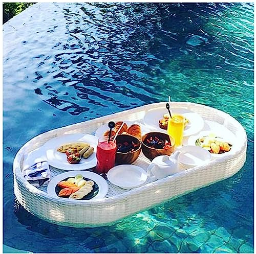 CGLYYDS Tray Floating Rattan,Rattan Gewebtes Serviertablett Schwimmendes Tablett für Pool mit Griffen,wasserdichtes Butler-Tablett für Frühstück, Teeplatten, Party,White
