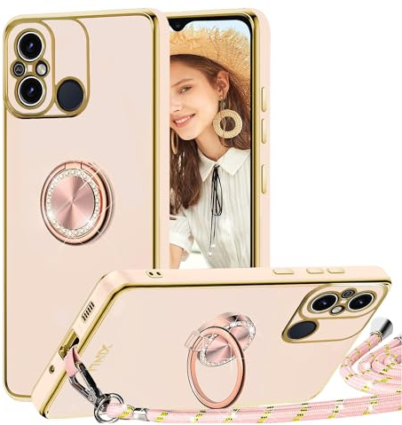 TVVTPU Coque pour Xiaomi Redmi 12C / Redmi 12 C avec Cordon et 360 Degrés Anneau Support, Étui Housse Antichoc Souple Silicone TPU Bumper Portable Protection Case avec Amovible Collier, Rose
