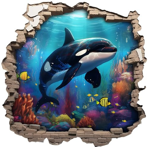 Wandtattoo Wandriss mit Ocra Killer Wal Fenster in andere Welt Portal Schiffsfenster Kinderzimmer Wandaufkleber (70x70cm Ocra Killer Wal)