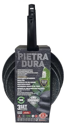 Set Tre Padelle in Pietra Antiaderente per Cucina - Set Padelle Diverse Dimensioni - Padelle Antiaderenti - Padelle ad Induzione - Padelle per Verdure - Padelle per Carne e Pesce