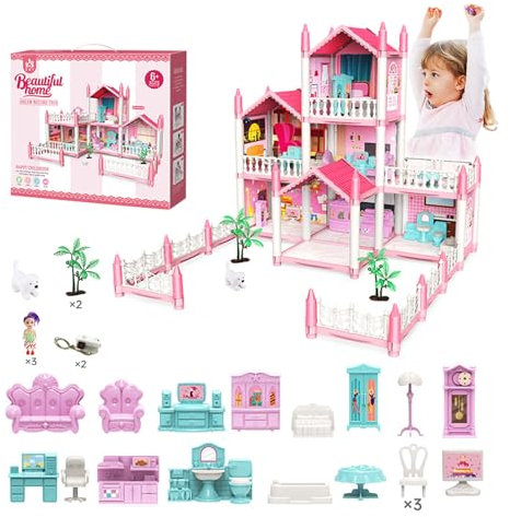 Balakaka Maison de Poupée 7 Chambres et 1 Terrasses, avec des Accessoires de Meubles Miniatures Maison de Rêve pour Poupées pour Filles, DIY Cadeau pour Enfants de 3+