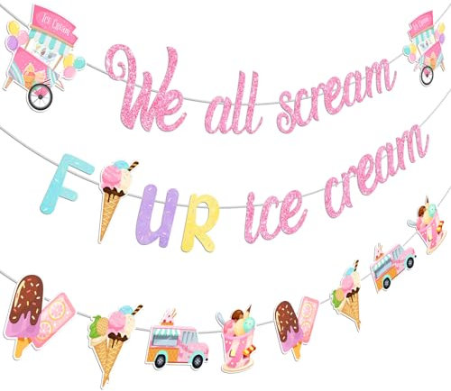Jollyboom Eiscreme 4 Geburtstag Deko, We All Scream 4 Eis Geburtstag Banner Glitzer Eis Banner Girlande für Sommer Eiscreme Thema Mädchen 4 Geburtstag Party