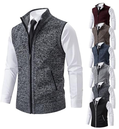 Winter Herrenweste,Herren Weste Strickweste Fleece-Fütterung Ärmellose Strickjacke mit Stehkragen ärmellose Jacke Geeignet zum Radfahren, Laufen, Wandern, Golf, Arbeiten (Grau B,XXL)