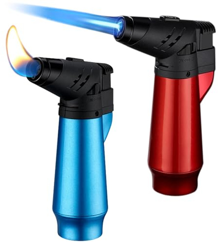 2 STK Jetflamme Feuerzeug, Jet Sturmfeuerzeug, Metall Winddicht Feuerzeug Einstellbar Flambierbrenner, Nachfüllbar Stabfeuerzeug für Grill, Küche, Kamin, Camping, (Ohne Butangas) (Rot+Blau)