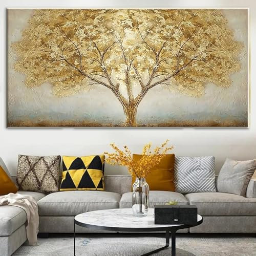 JACBON Abstraktes goldenes Baum-Ölgemälde auf Leinwand, Landschaftsposter und Druck, moderne nordische Pflanze, Wandkunst, Bild, Wohnzimmerdekoration, 60 x 120 cm, rahmenlos