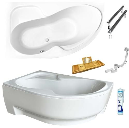 ECOLAM Baignoire d'angle en acrylique asymétrique Wela 170x100 cm gauche + tablier en acrylique | Planche en bambou | Pieds siphon silicone Set complet