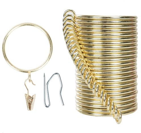 Lot complet d'anneaux de rideaux et crochets de 38 mm de diamètre intérieur avec anneaux de tringle, crochets et clips pour deux rideaux standard Doré TXZWJZ