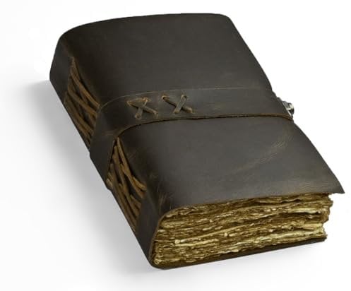 Leather Bound Vintage Journal for Women & Men - Book of Shadows - Lock Closure - 200 Pages of Antique Deckle Edges Handmade Paper - Rustic Brown Color - 8x6 inches (Bound Strape Journal)
