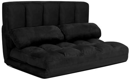 GOPLUS 2 Sitzer Bodensofa mit 2 Kissen, 3 in 1 Sofabett Liege Sofa mit 6 stufig Verstellbarer Rückenlehne, Klappsofa mit Schlaffunktion für Wohnzimmer Schlafzimmer (Schwarz)
