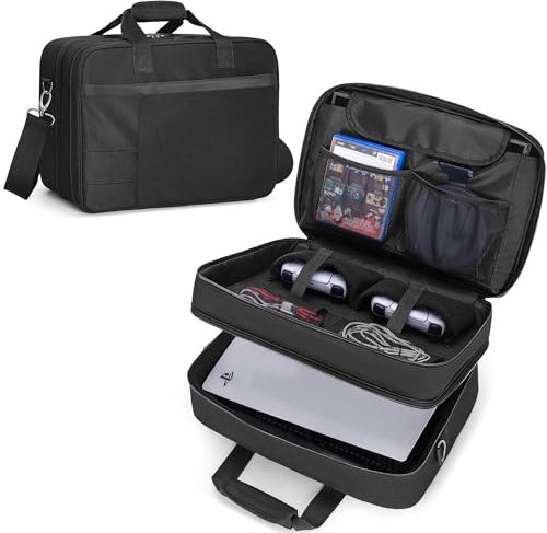 CURMIO Tragetasche kompatibel mit PS5, PS5 Slim, PS4 Spielkonsole, Reisetasche für Konsole, Controller, Spiel-Discs und Anderes Zubehör, Schwarz (Nur Tasche)