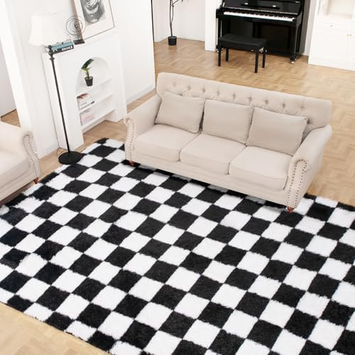 TOOHUB Superweicher Schwarz-Weißer Karierter Teppich, Klassisch, Hochflor, Flauschig, 8x10Fuß, Für Wohnzimmer, Schlafzimmer, Kinderzimmer