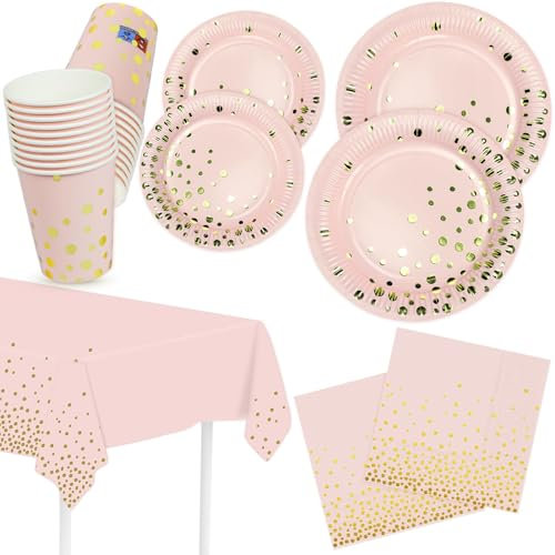 Pappteller Servietten Pappbecher Tischdecke Partygeschirr 81er Set Rosa mit Goldfolie Gepunkete Dessertteller Papierteller Papierservietten Partyteller Deko
