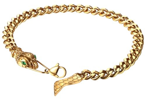 JewelryWe Schlangen Armband Gold Damen: Gothic Edelstahl Kubanische Kette Panzerkette Schlangenarmband mit Grün Augen Punk Verstellbar Serpent Armkette Kettenarmband Tier Schmuck für Frauen Mädchen