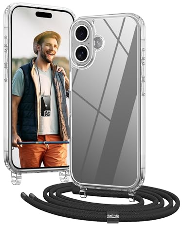 OLEPHY Handykette für iPhone 16 Plus Hülle mit Band, Schwarz | Necklace Handyhülle, Transparente Schutzhülle zum Umhängen [Verstellbarem und Demontage Umhängeband],