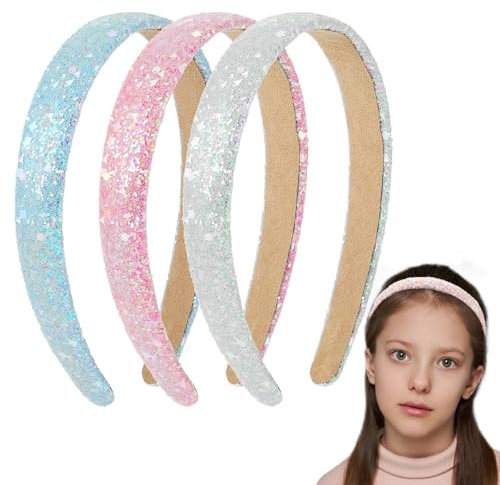 Cosmeria 3 cerchietti per capelli da ragazza, con glitter antiscivolo, per bambini e ragazze, accessori per capelli scintillanti (bianco+rosa+blu), multicolore, L
