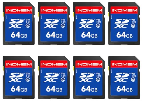 INDMEM SD Card 64GB 8-Pack, Class 10 64GB High Speed up to 90M/S Full HD Video Flash Memory Card MLC Standard Secure Digital Cards Camera Cards