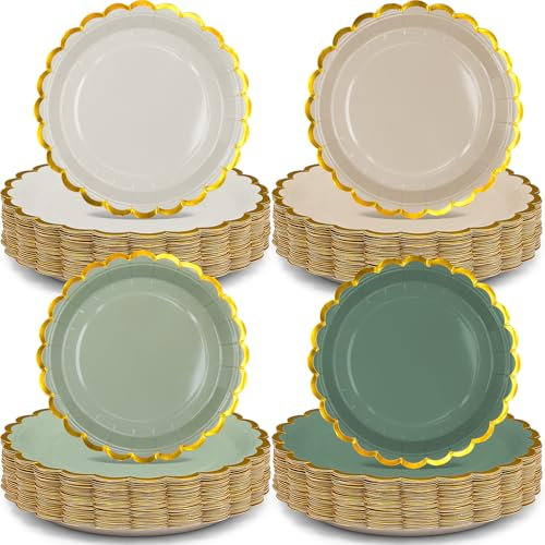200 Pcs Sage Green Gold Disposable Paper Plates, Premium Quality Scalloped Party Plate Gradient Green Serving Plates Bulk for Birthday Garden Party Afternoon Tea Baby Shower Wedding, 17.5cm