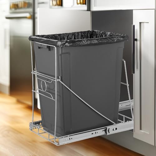 pbugac Support de poubelle extractible, kit coulissant réglable et robuste pour poubelles de 20 à 38 litres, poubelle sous évier avec glissières lisses à roulement à billes, argent, poubelle non