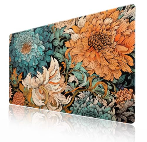 Minimalist Floral Gaming Mouse Pad XXL Teal Orange Aesthetic Flowers Japanese Extended Large Mousepad Desk Pad Non-Slip Rubber Base Stitched Edge Keyboard Pad Playmat for Computer,35.4×15.7 in