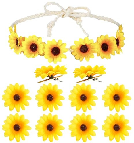 Blumenkronen Stirnband 10 Gänseblümchen Haarspangen Verstellbares Hippie Sonnenblumen Stirnband Blumenhaarnadel Boho Brautkranz Blumenkopfschmuck Haarstyling Accessoires für Hochzeits Party (Gelb, A)