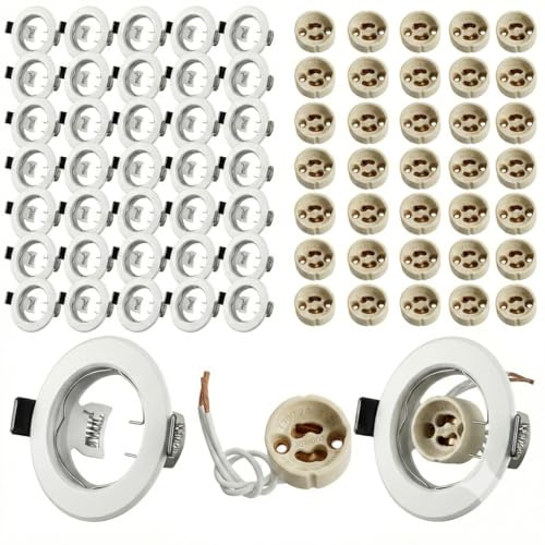 Yiahin Lot de 36 Support Spot Encastrable GU10 Blanc Mat, Cadre de Spot Plafond Rond avec Douilles Céramique, Trou Ø 55-70 mm, Changement d'Ampoule Facile pour Placo, Compatible LED (Sans Ampoule)
