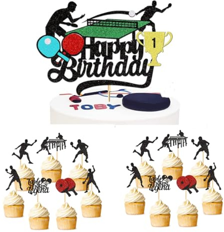 Houhounb Ping-Pong Themed Party Decoration Set Ping-Pong Cake Topper 1 Large Happy Birthday Cake Topper and 14Pcs Cake Topper Cupcake Picks for Ping PongThemed Birthday Party Decorations