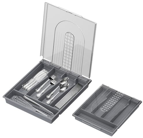 TOWEBOORY Cutlery Tray with Lid, Cutlery Drawer Organiser, 5 Compartment Cutlery Storage Box for Kitchen Drawer and Countertop, Plastic Cutlery Drawer Organiser for Spoons Forks Knives Holder