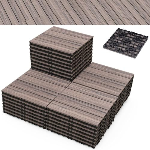 TANGZON 18PCS Deck Tiles, 30 cm x 30 cm Interlocking Floor Tiles Waterproof Outdoor Flooring Covering, Anti-Slip Floor Tiles for Poolside Patio Backyard Garden, Tools Free Assembly (Grey)