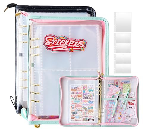 2pcs Sticker Collection Organizer Binder large capacity (65 sheet), PU leather clear sticker storage book album with zipper closure,double-sided Collecting for journal scrapbook planner (Black+Green)