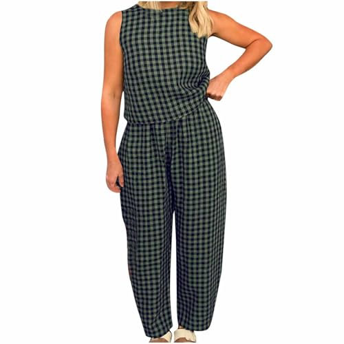 NSICBMNO Green Co Ord Sets For Women Summer Lounge Wear Sets Plaid Pyjamas Sleeveless Vest Tops Baggy Trousers 2 Piece Outfits Checked Pj Bottoms Cotton Tops Casual Tracksuit Gym Outfits Streetwear