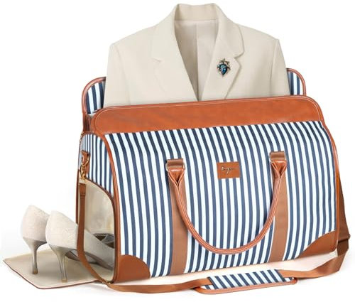 Tonyeee 3-in-1 Kleidersack Reisetasche Damen, Umwandelbare Weekender Handgepäck Tasche mit Schuhfach & Schultergurt, Faltbare wasserdichte Reisetasche aus PU Leder für Business & Reise Blau Gestreift