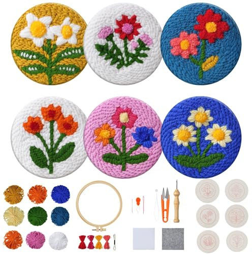 JUJOYBD 6-teiliges Punch Needle Untersetzer Set, DIY Stickset Handarbeit mit Blumen-Motiven, Garn, Stickrahmen, Anleitung & Halter Home Decor Bastelset Geschenke