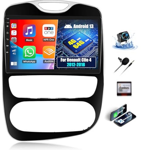 OiLiehu 4+64GB Android 13 2 DIN CarPlay Android Auto para Renault Clio 4 2012-2018 Pantalla 10,1 Pulgadas con Bluetooth FM/RDS GPS WiFi SWC EQ Camara Marcha Atras